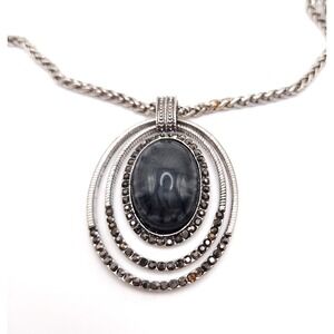 Silver Lucite Cabochon Pendant Necklace Black Rhinestone Retro